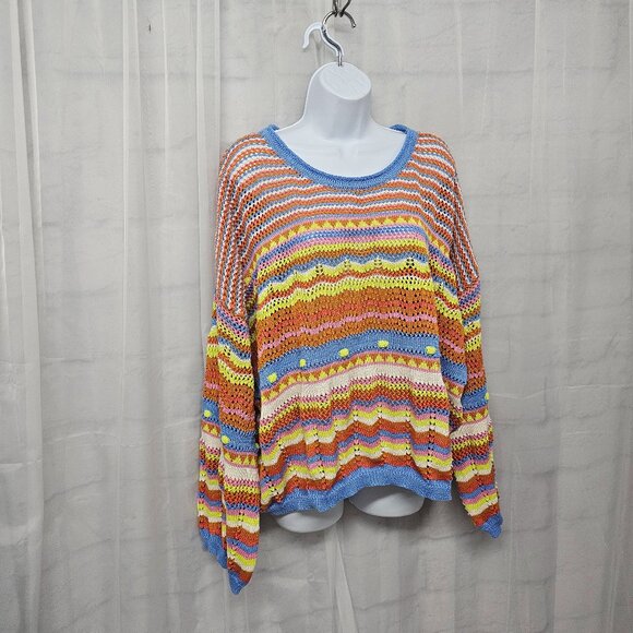 Crewneck Sweater Crochet Knit Orange Blue Striped Boho Colorful L - Picture 4 of 10